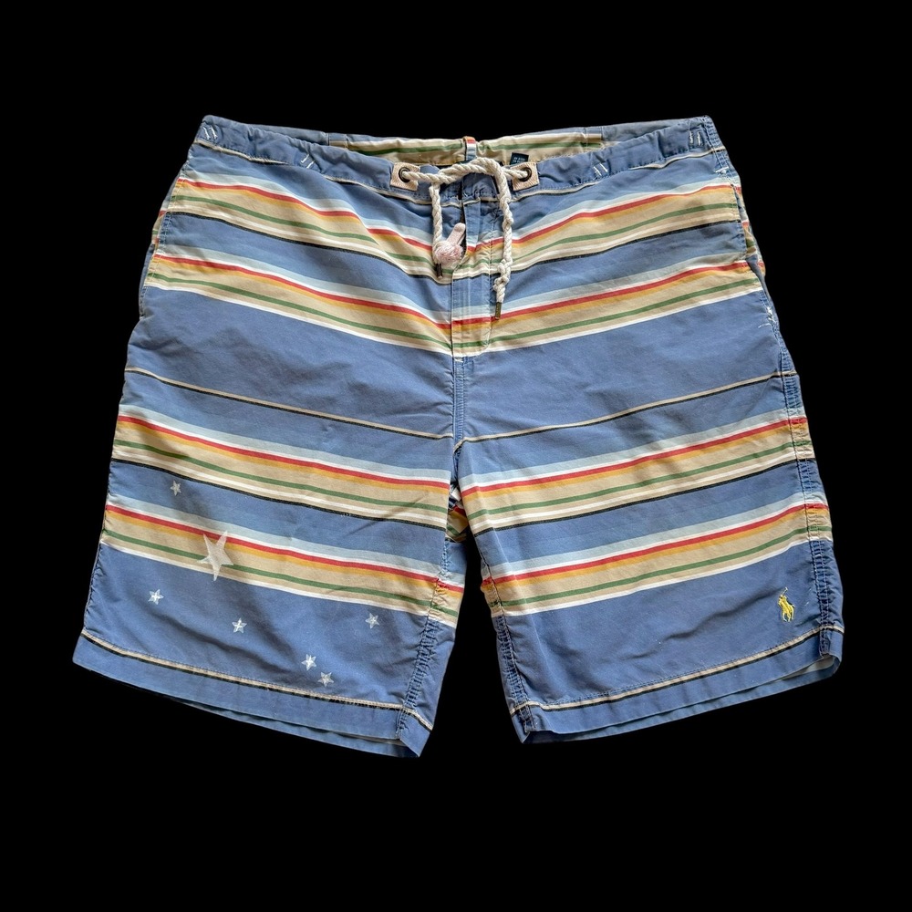 90's Polo Ralph Lauren Blue Striped Star Board Shorts Swim Trunks Size 40